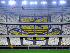 mockup of shcool logo as cards being held up by 1000s of people in crowd at large stadium