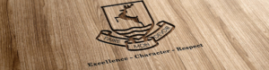 school logo and strapline laser-etched into wood