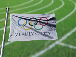 vwhite flag with word: 'verulympics' beneath olympic rings