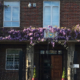 photo of front of school with pink flowers climbing up walls