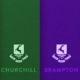 6 school house logos on coloured fabric backgrounds
